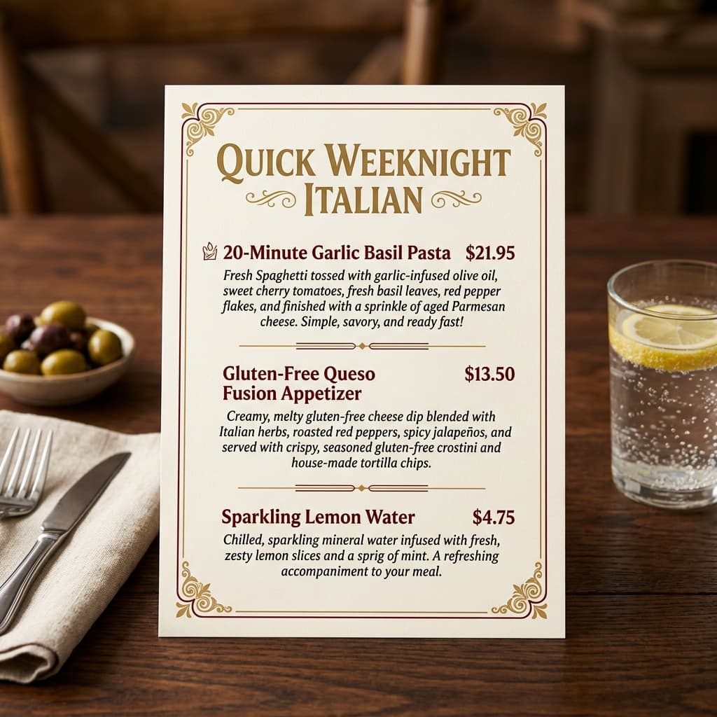 Quick Weeknight Italian Menu Card featuring 20-Minute Pasta and Gluten-Free Queso