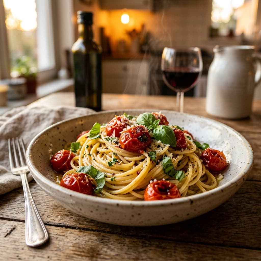 A steaming bowl of fresh pasta tossed in a rich garlic and olive oil sauce with cherry tomatoes