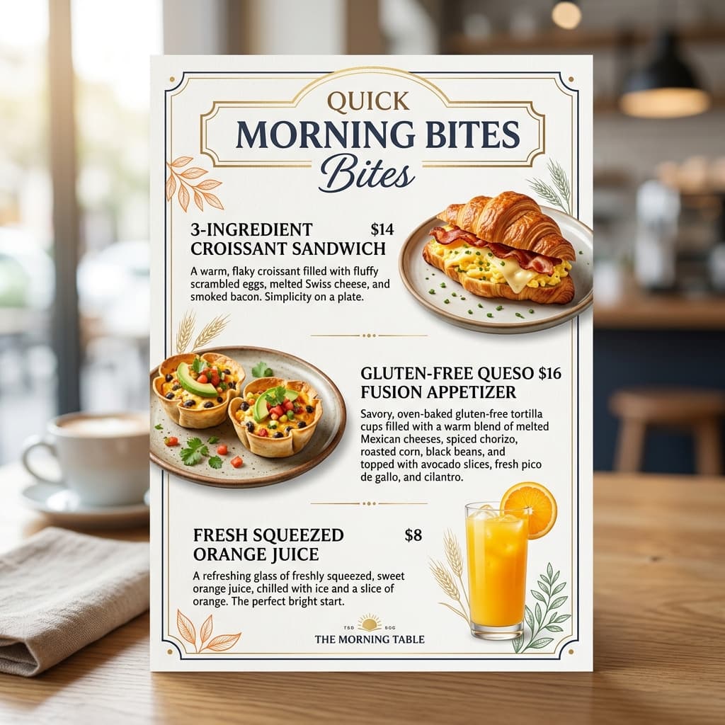 Quick Morning Bites Menu Card featuring 3-Ingredient Croissant Sandwich and Gluten-Free Queso