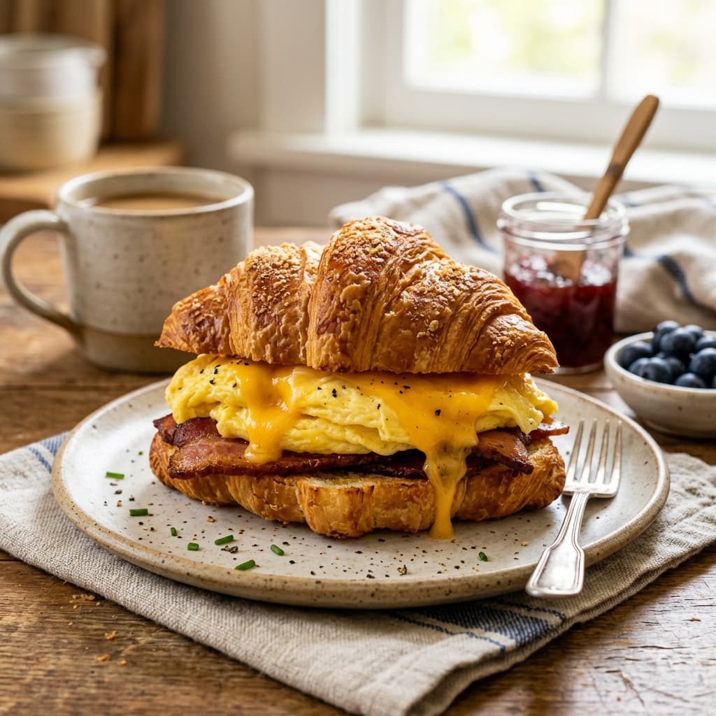 A perfectly stacked 3-ingredient breakfast sandwich featuring a flaky croissant and fluffy folded egg