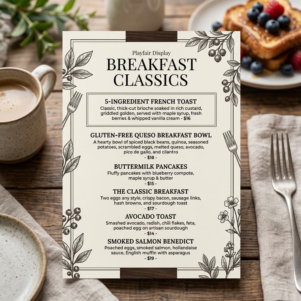 Premium Breakfast Classics Menu featuring 5-Ingredient French Toast and Gluten-Free Queso Bowl
