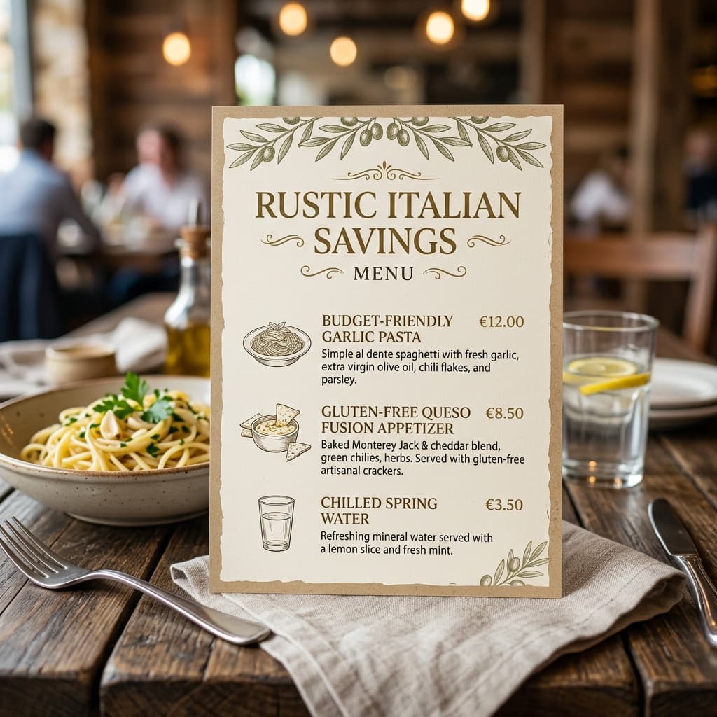 Rustic Italian Savings Menu Card featuring Budget-Friendly Garlic Pasta and Gluten-Free Queso