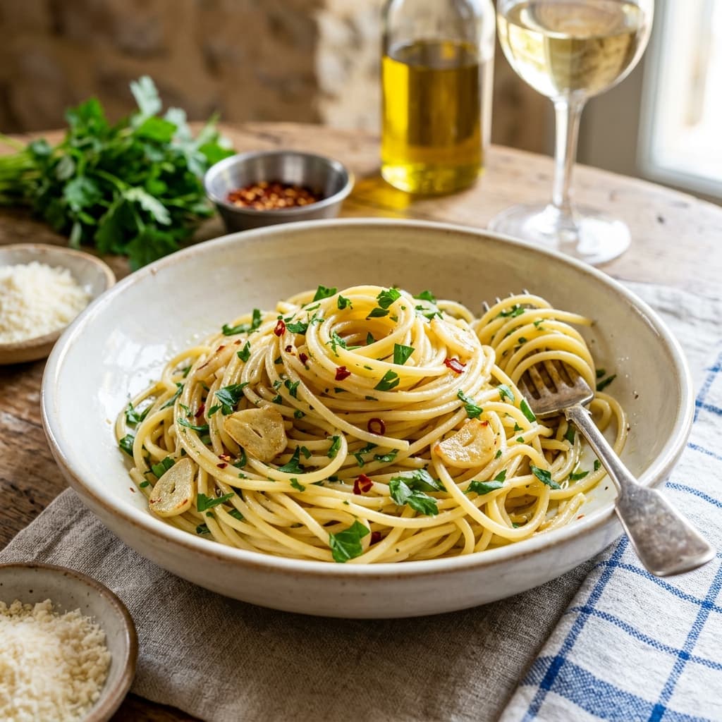 A simple yet elegant bowl of spaghetti aglio e olio glistening with garlic-infused olive oil
