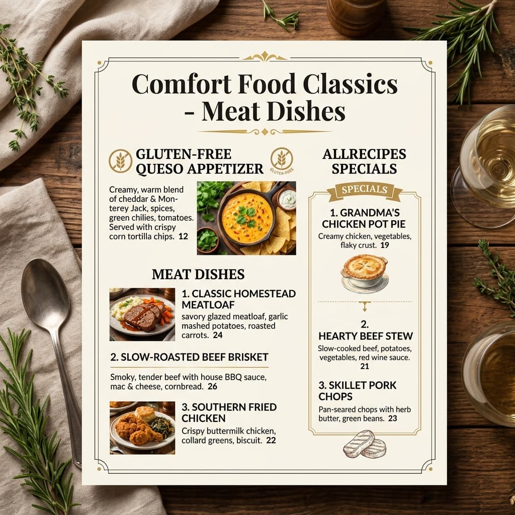 Restaurant Style Menu Card for Comfort Food Classics and Queso Appetizers