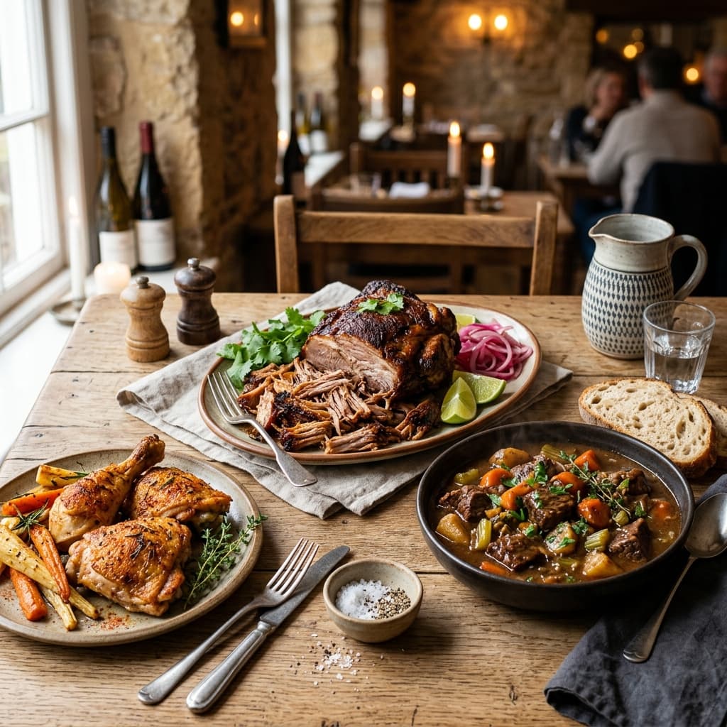 Hearty, budget-friendly meat dishes on a rustic table