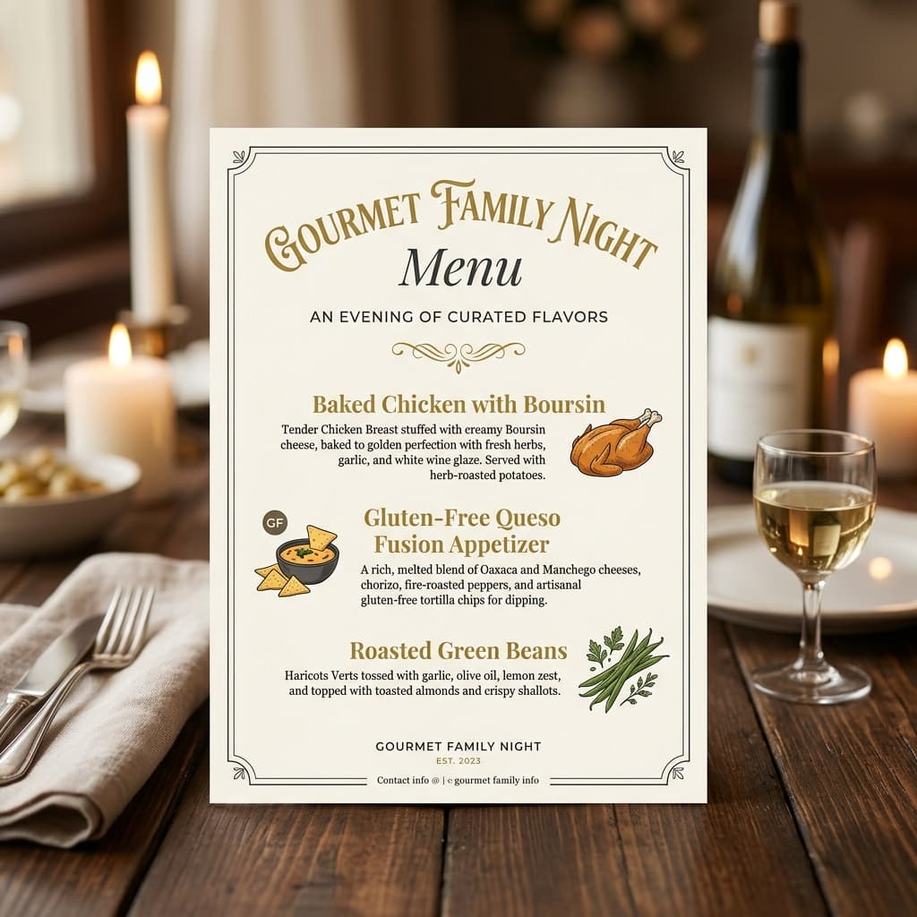 Gourmet Family Night Menu Card featuring Baked Chicken with Boursin and Gluten-Free Queso
