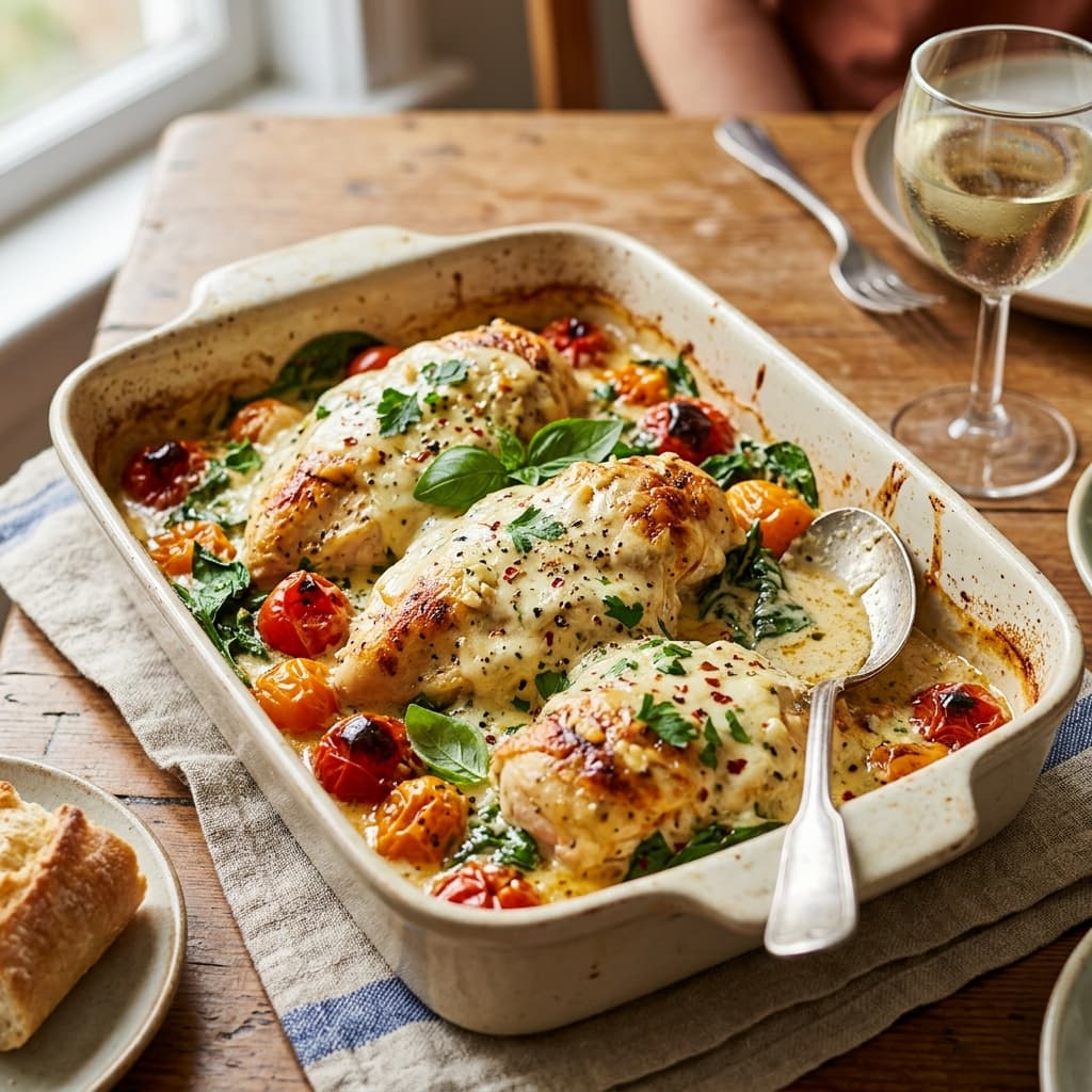 Golden baked chicken breasts smothered in a rich, creamy melted Boursin cheese sauce