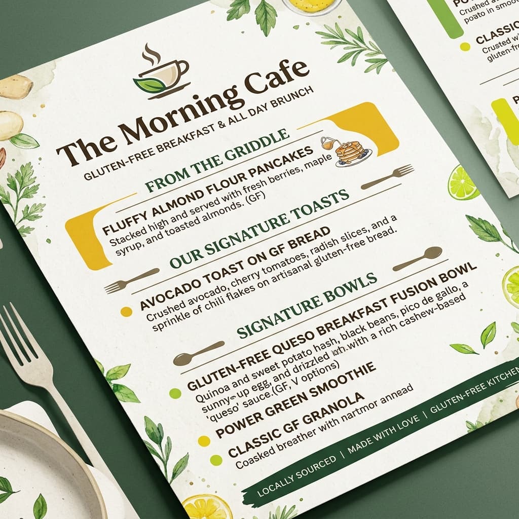 The Morning Cafe Menu Card featuring Pancakes, Avocado Toast, and a Gluten-Free Queso Fusion Bowl