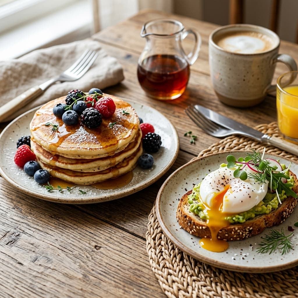 A premium spread of gluten-free breakfast items including pancakes and avocado toast