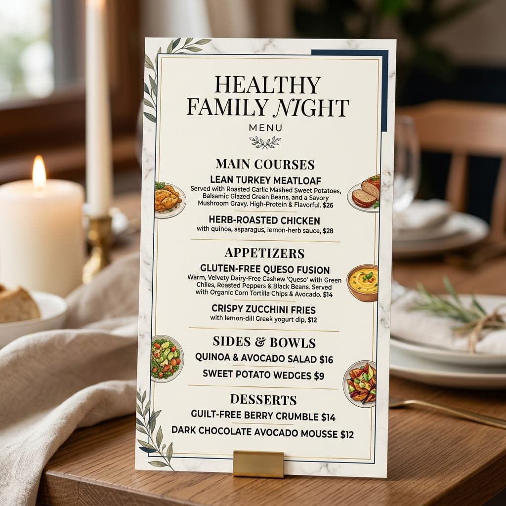 Healthy Family Night Menu Card featuring Lean Turkey Meatloaf and Gluten-Free Queso