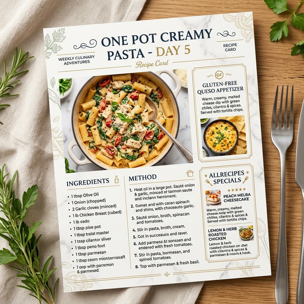 Restaurant Style Menu Card for One Pot Creamy Pasta and Queso Appetizers