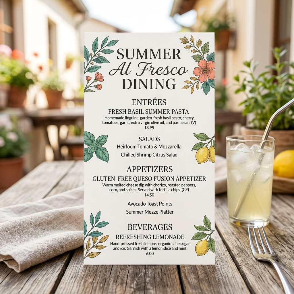 Summer Al Fresco Dining Menu Card featuring Fresh Basil Summer Pasta and Gluten-Free Queso