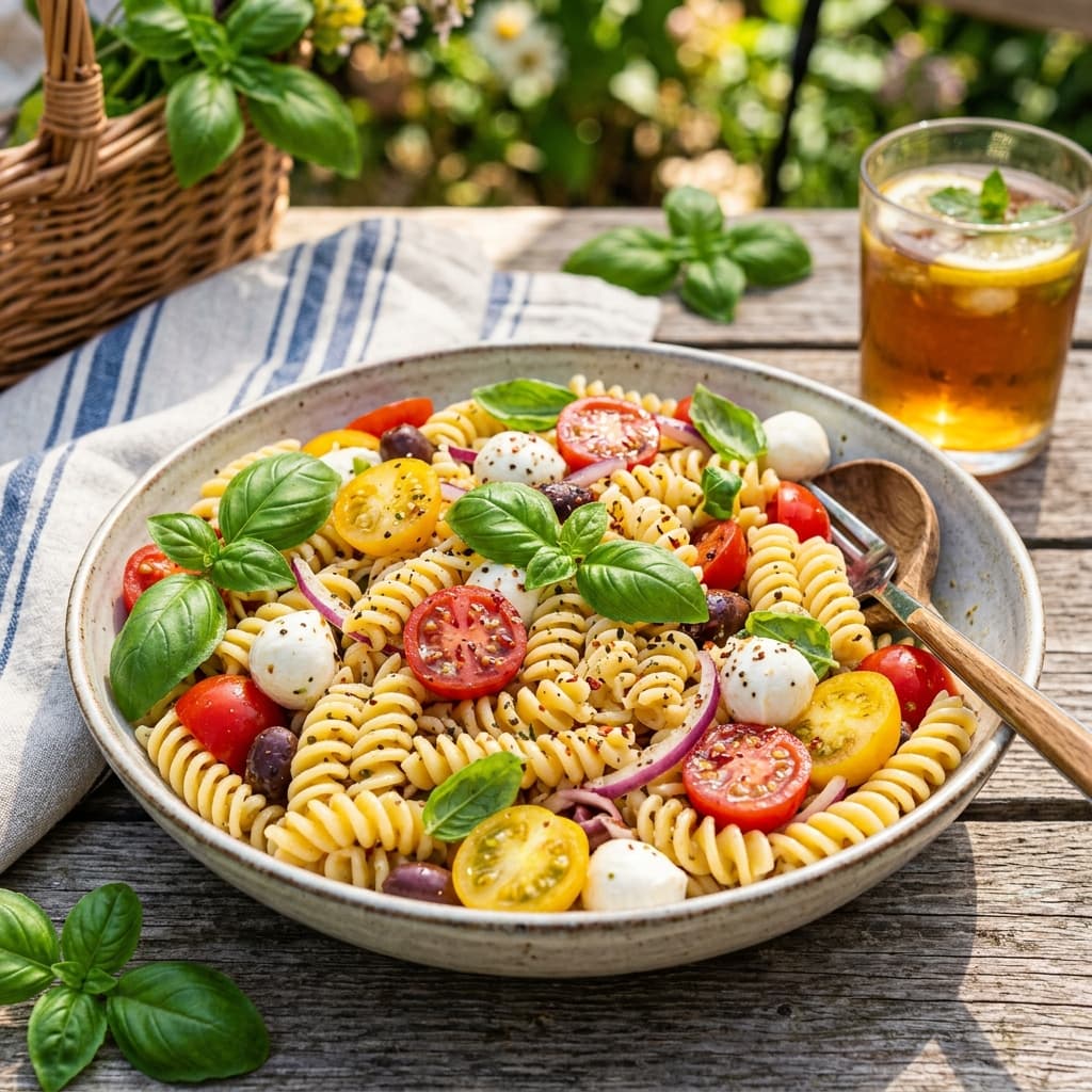 A vibrant fresh summer pasta salad with cherry tomatoes and basil