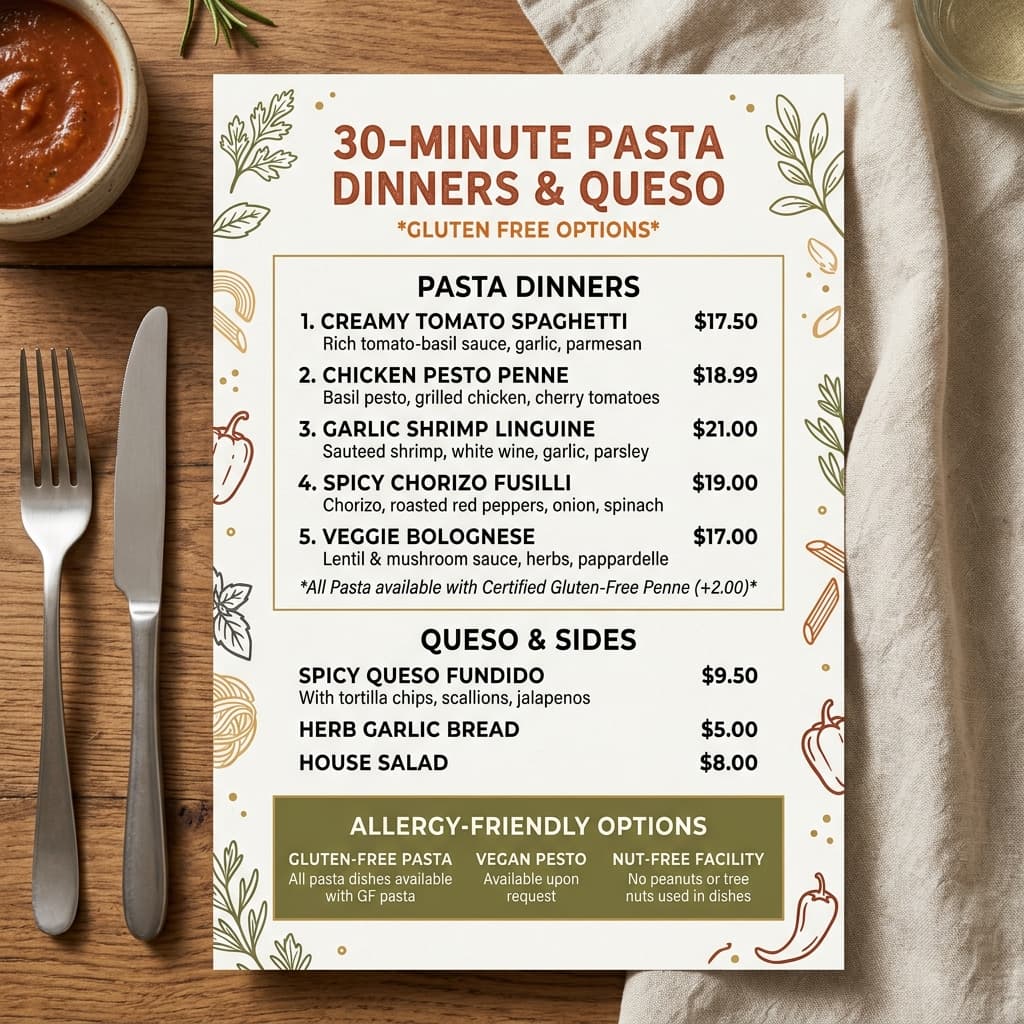 30-Minute Pasta Dinners & Queso Gluten Free Options Menu Card