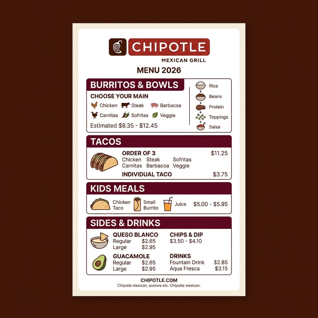 Chipotle 2026 Menu Card list showing Burritos, Bowls, Tacos, Kids meals and Sides