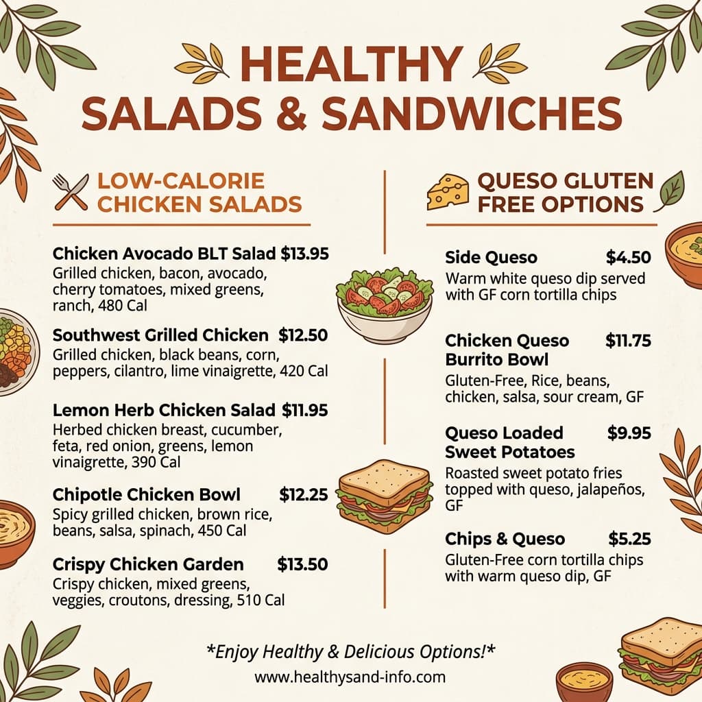 Healthy Salads & Sandwiches Menu Card featuring Queso Gluten Free Options