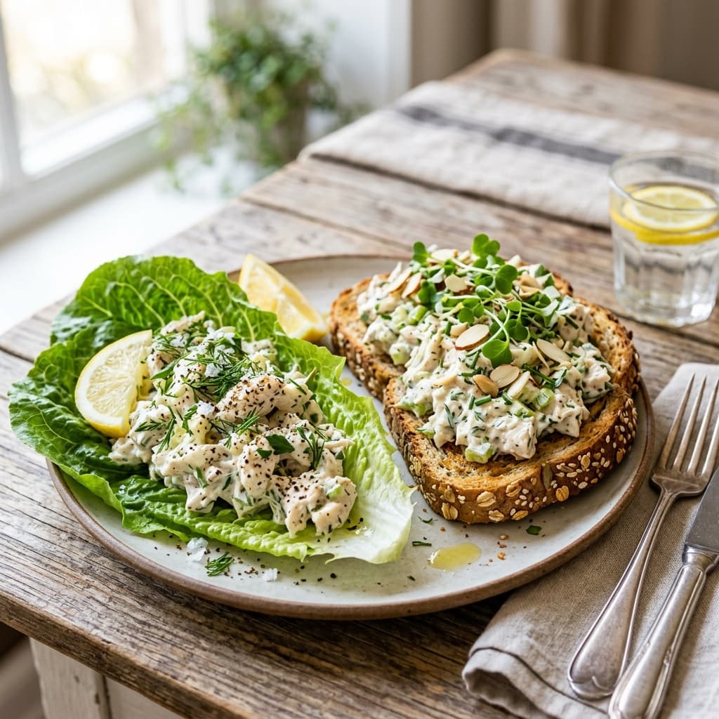 A premium, guilt-free low-calorie creamy chicken salad served fresh
