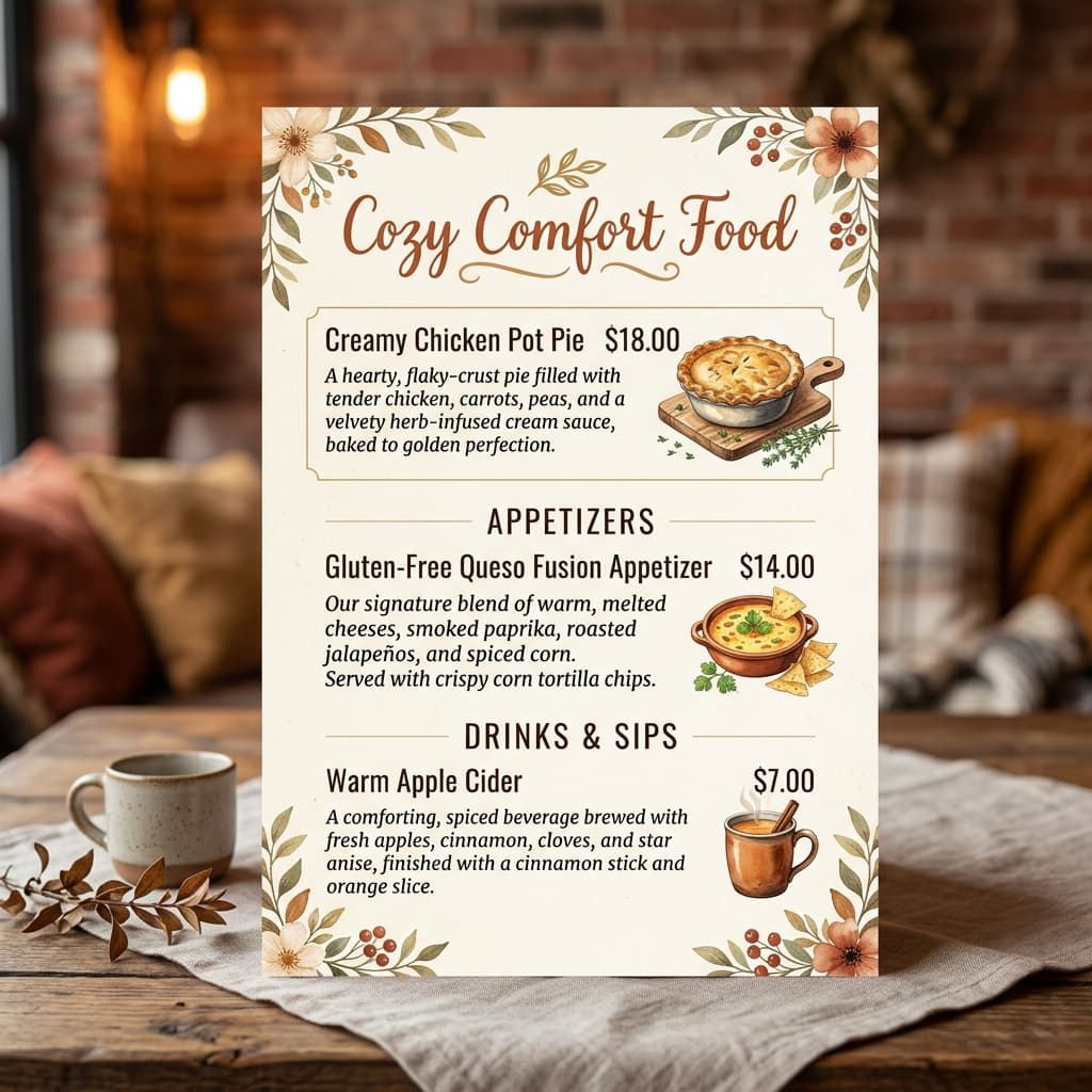Cozy Comfort Food Menu Card featuring Creamy Chicken Pot Pie and Gluten-Free Queso