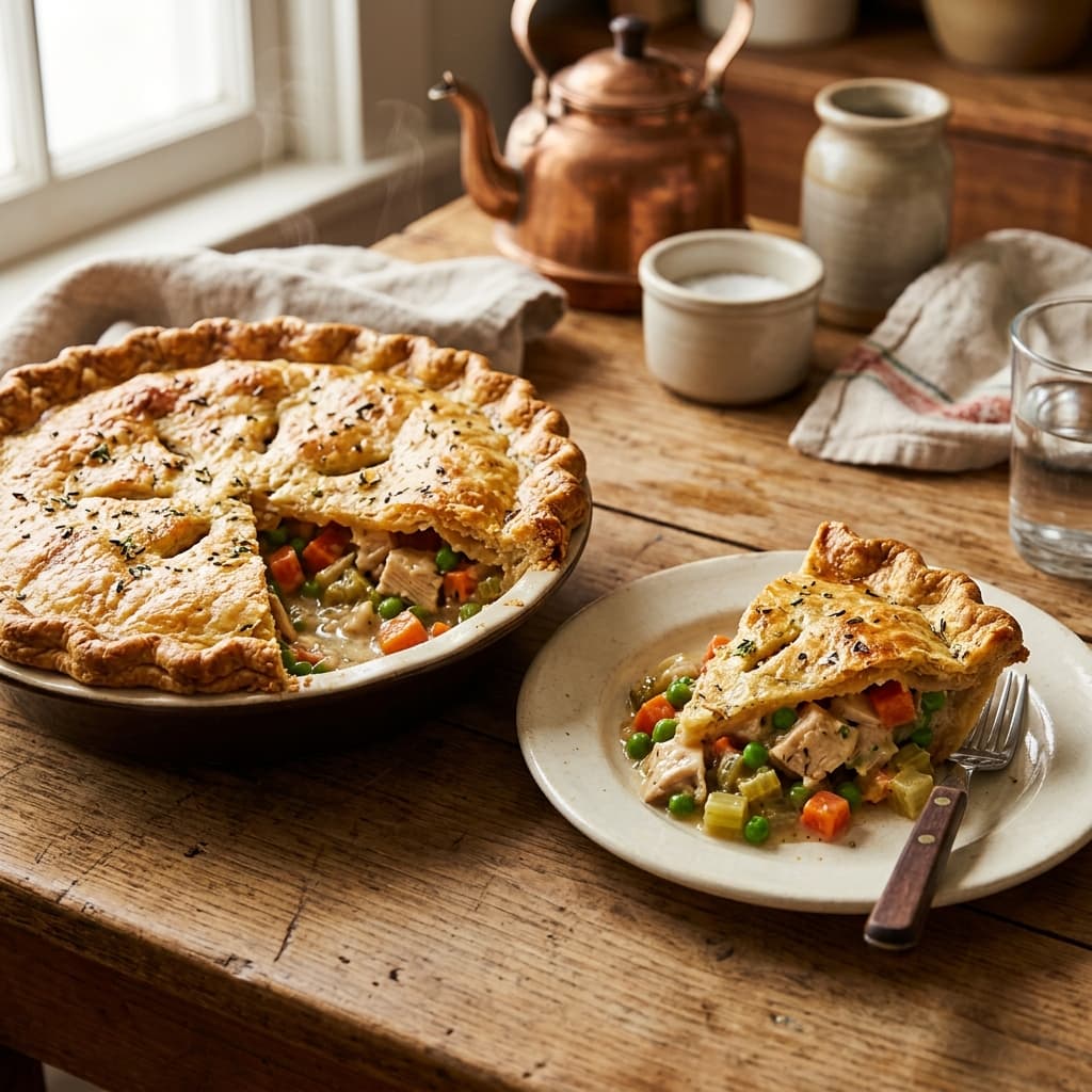 A rustic, golden-brown chicken pot pie with a flaky crust and creamy filling