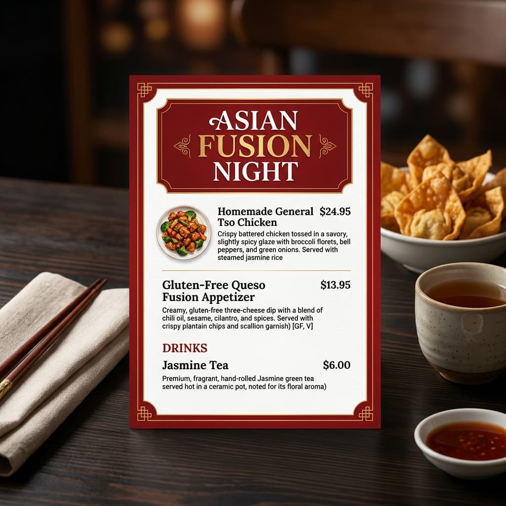 Asian Fusion Night Menu Card featuring Homemade General Tso Chicken and Gluten-Free Queso