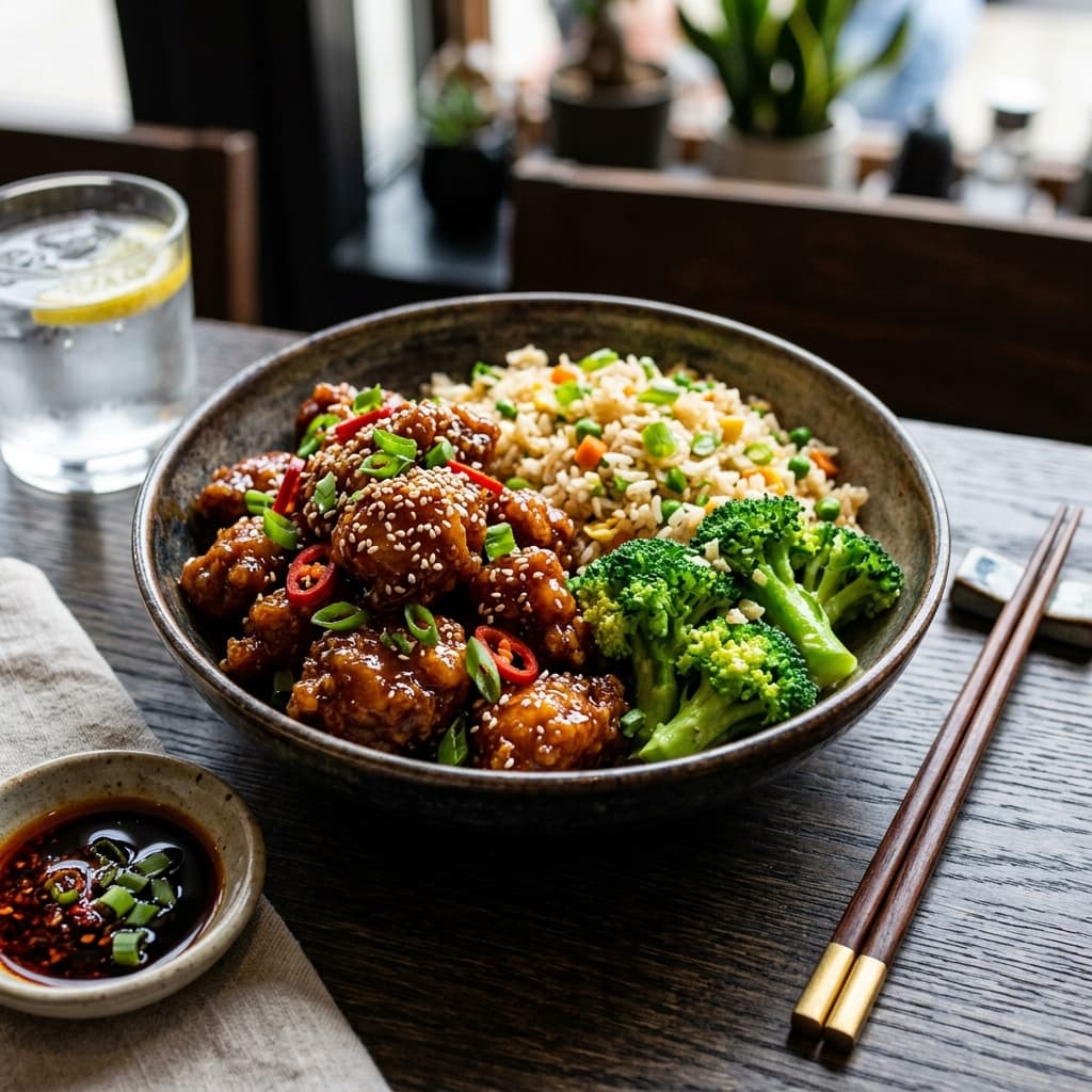 A vibrant bowl of homemade Chinese take-out style food featuring General Tso's chicken and fried rice