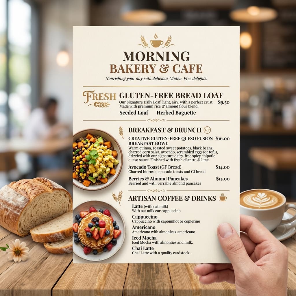 Morning Bakery Cafe Menu Card featuring Fresh Gluten-Free Bread and a Queso Fusion Breakfast Bowl