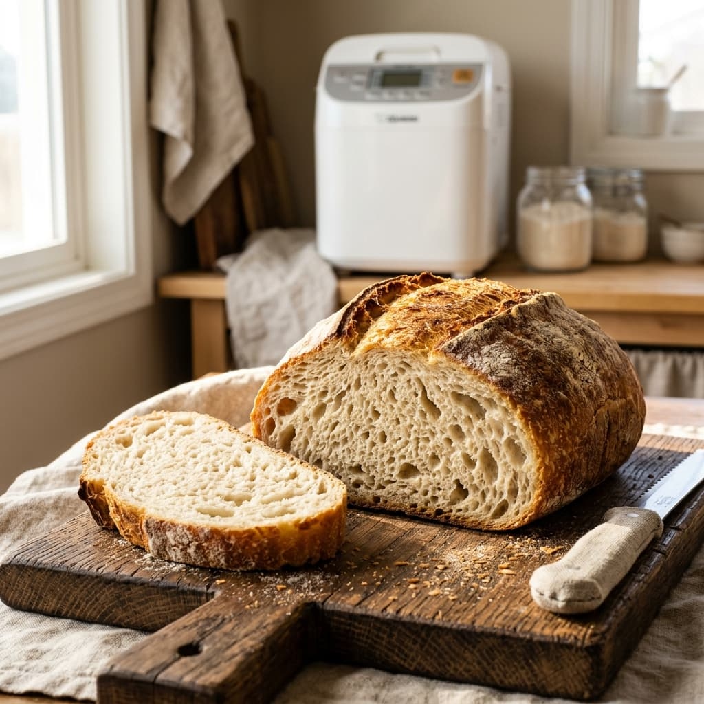 A perfectly baked loaf of gluten-free bread resting on a rustic wooden cutting board
