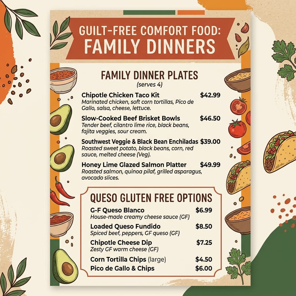 Guilt-Free Comfort Food Menu Card featuring Queso Gluten Free Options