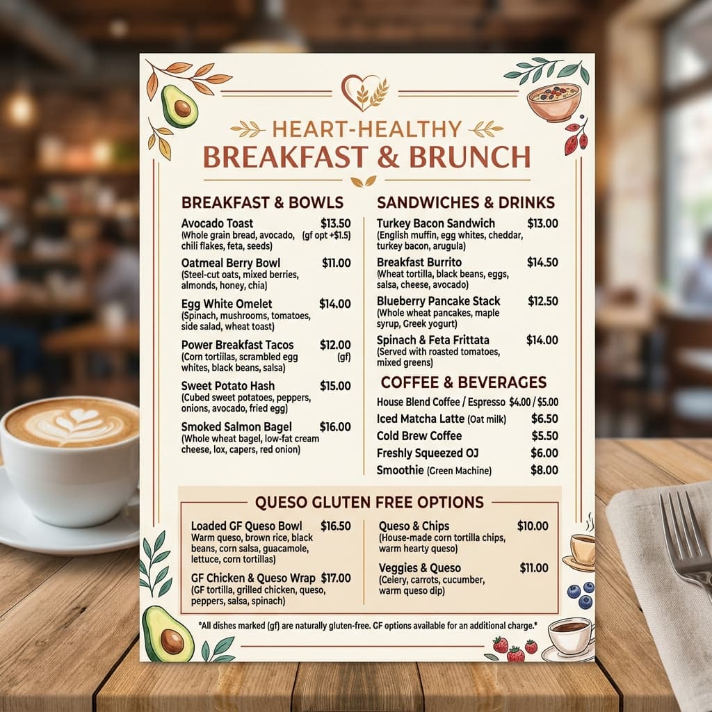 Heart-Healthy Breakfast & Brunch Menu Card featuring Queso Gluten Free Options