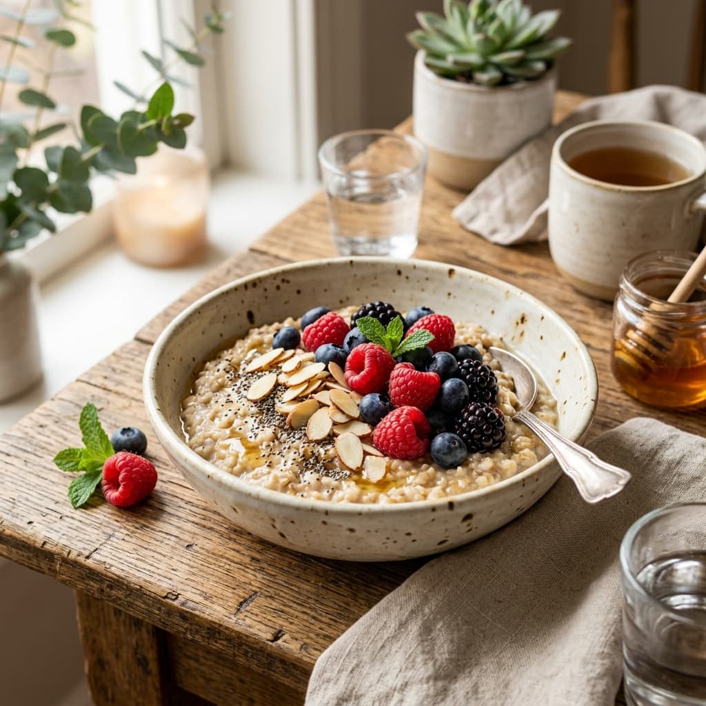 A delicious heart-healthy breakfast bowl featuring oatmeal, fresh berries, and chia seeds to lower cholesterol